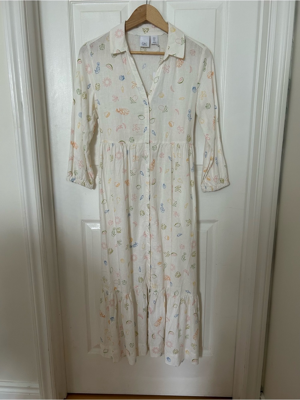 White Linen Blend Maxi Dress ~ Nautical Print ~ Coastal Preppy ~ Size Small